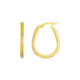 14k Two Tone Gold Oval Hoop Earrings with Bead Texture-rx76960
