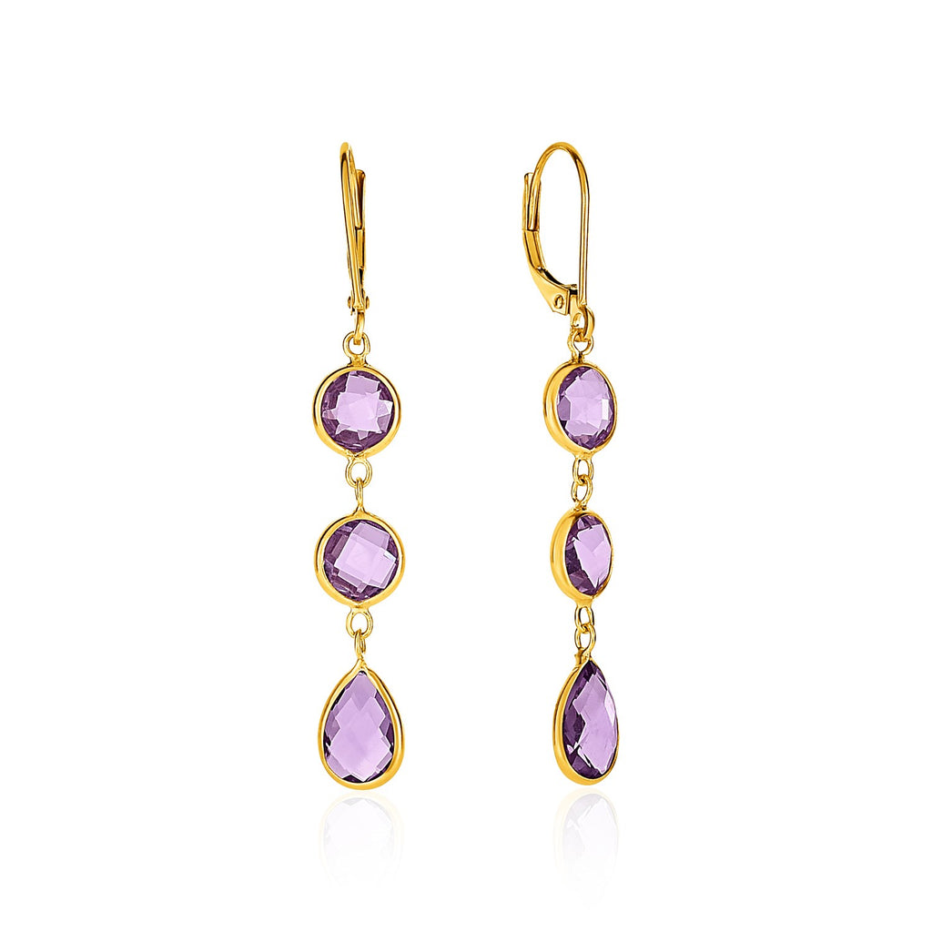 Drop Earrings with Round and Pear-Shaped Amethysts in 14k Yellow Gold-rx59556