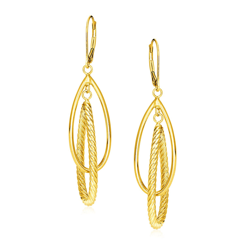 14k Yellow Gold Earrings with Shiny and Textured Teardrop Dangles-rx76473