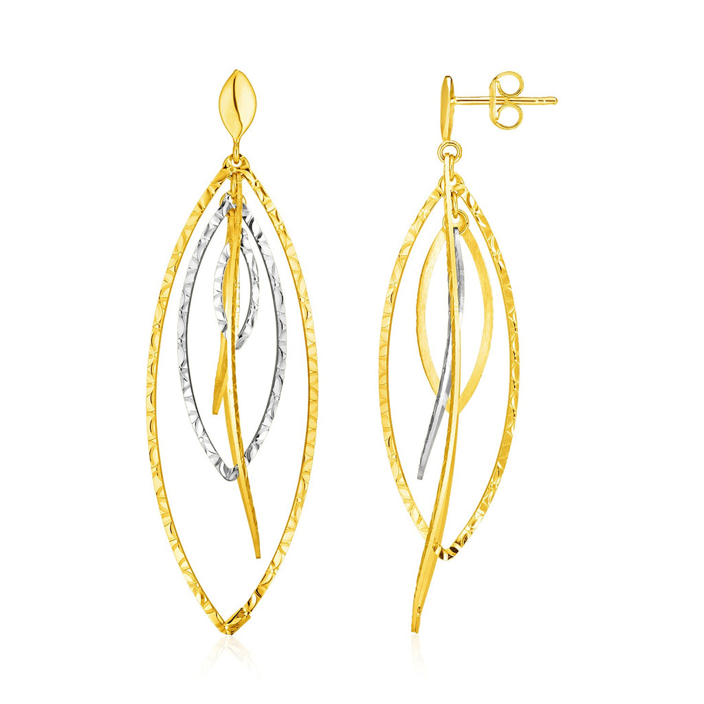 14k Two Tone Gold Textured and Polished Marquise Motif Earrings-rx86548