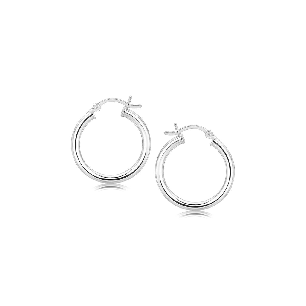 Sterling Silver Polished Hoop Motif Earrings with Rhodium Plating (20mm)-rx48907