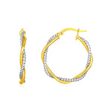 14k Yellow and White Gold Two Part Textured Twisted Round Hoop Earrings-rx57063