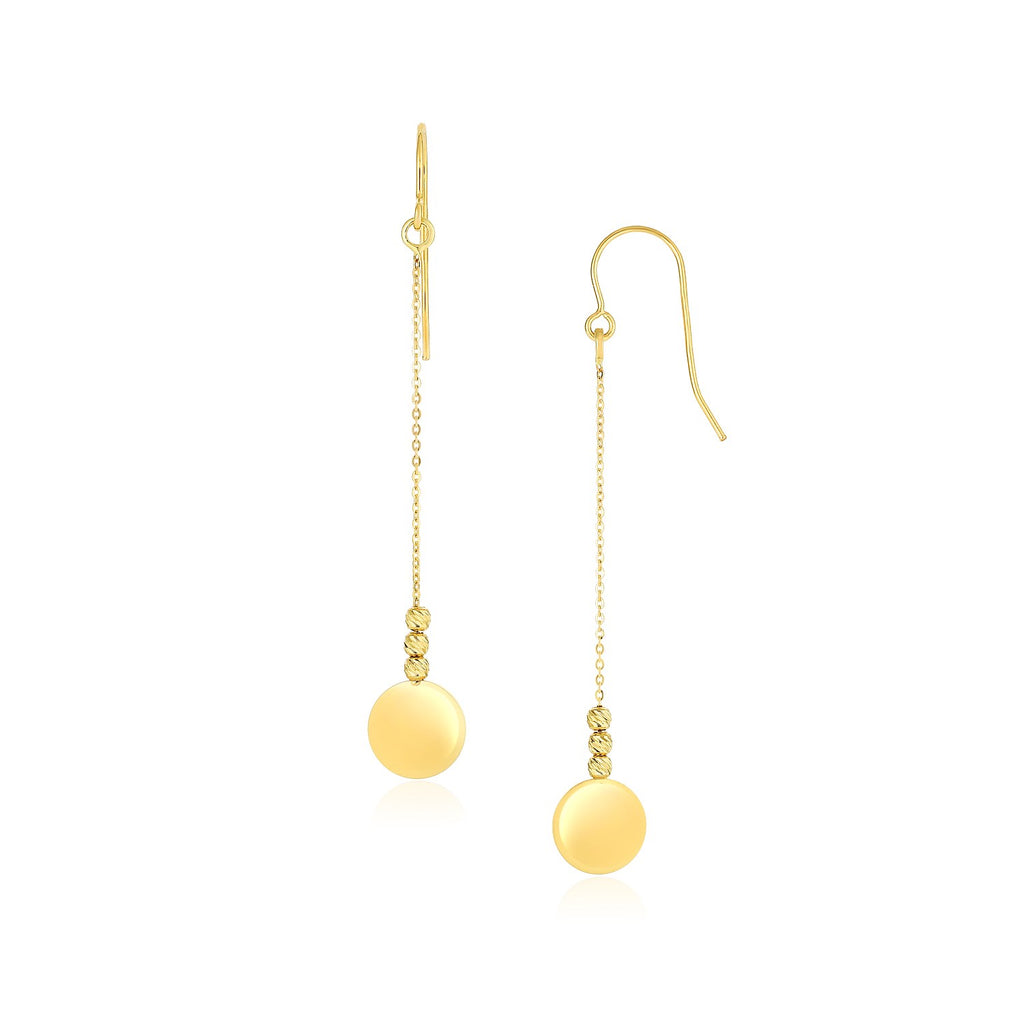 14k Yellow Gold Bead and Shiny Disc Drop Earrings-rx68722
