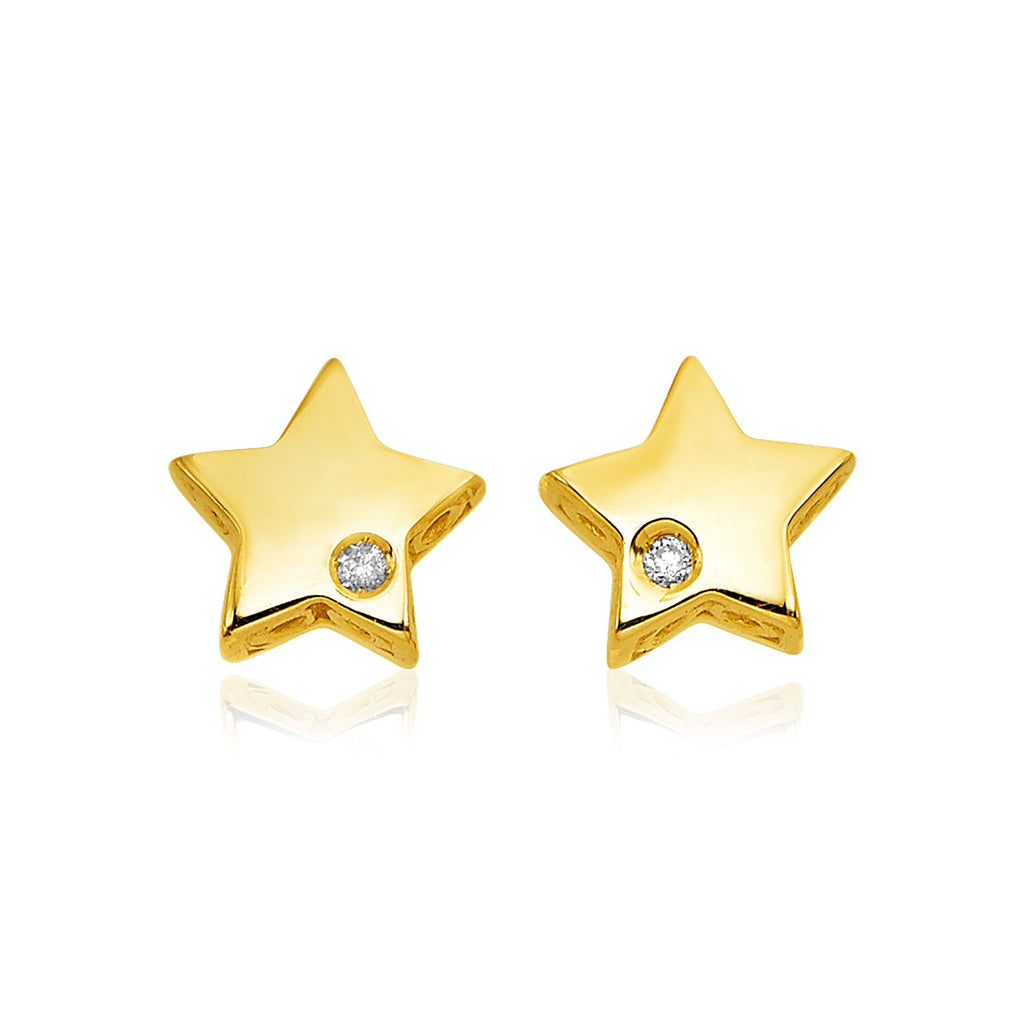 14k Yellow Gold Polished Star Earrings with Diamonds-rx4645