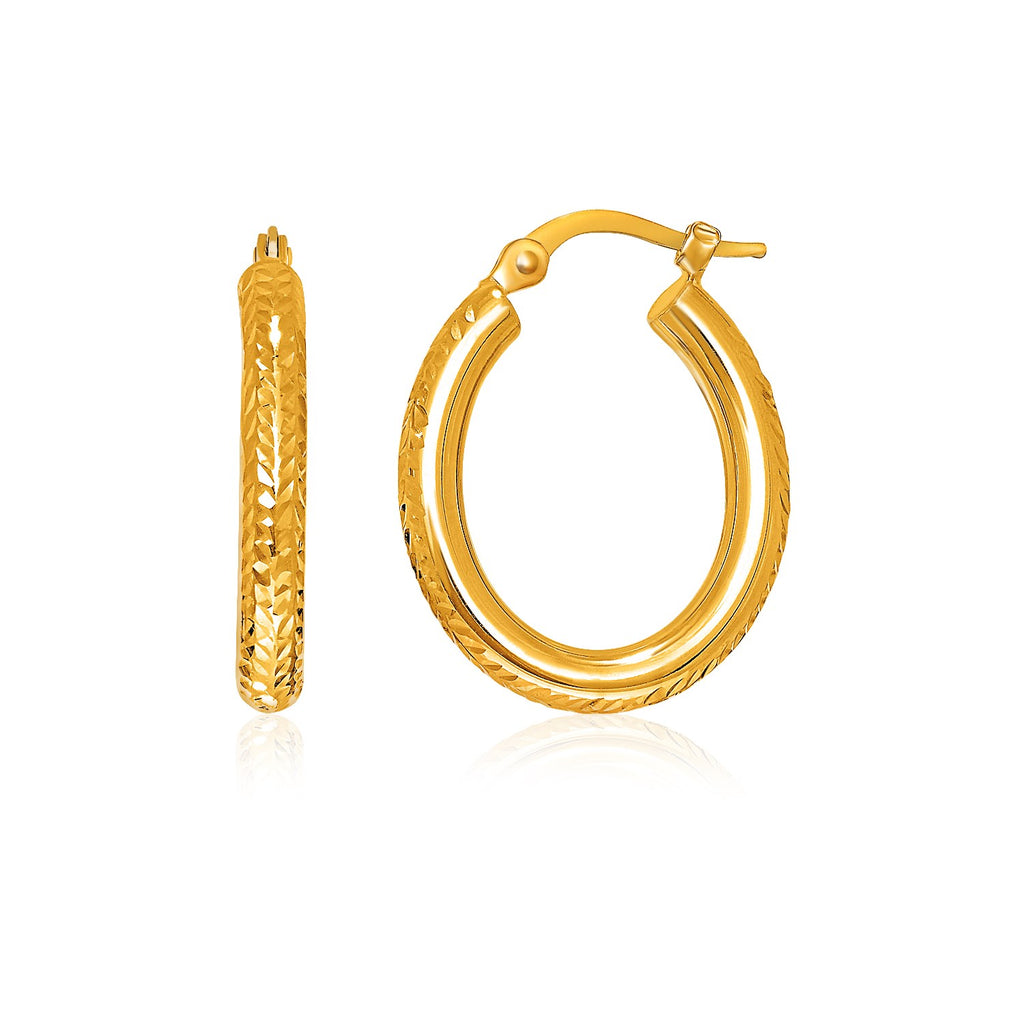 14k Yellow Gold Diamond Cut Textured Oval Hoop Earrings.-rx33760