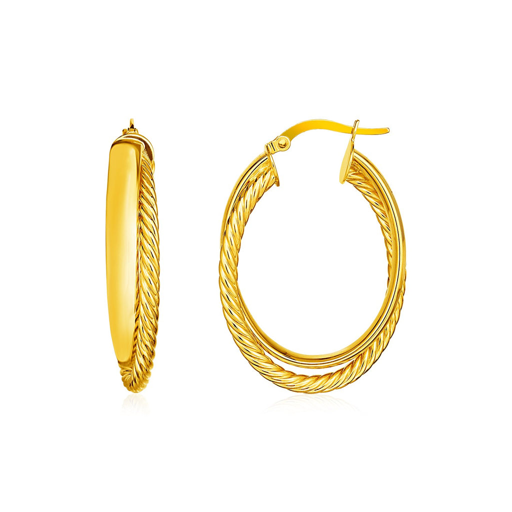14k Yellow Gold Two Part Textured Twisted Oval Hoop Earrings-rx64369