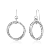 14k White Gold Earrings with Polished and Textured Interlocking Circle Dangles-rx8659