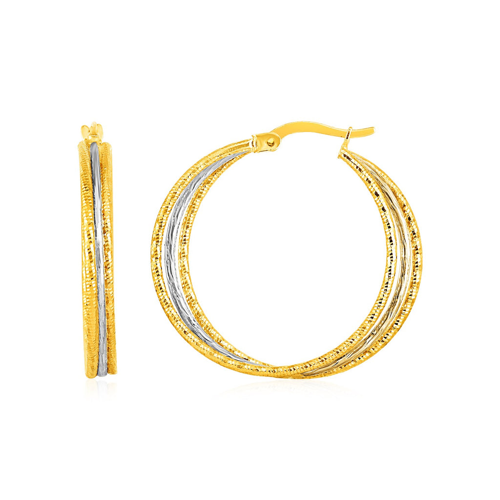 Three Part Textured Hoop Earrings in 14k Yellow and White Gold-rx25549