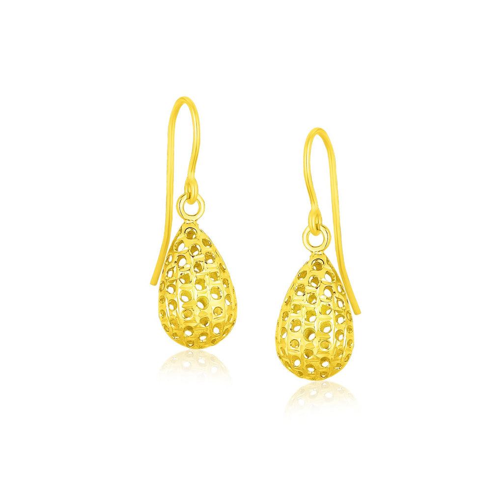 14k Yellow Gold Teardrop Drop Earrings with Honeycomb Texture-rx76763