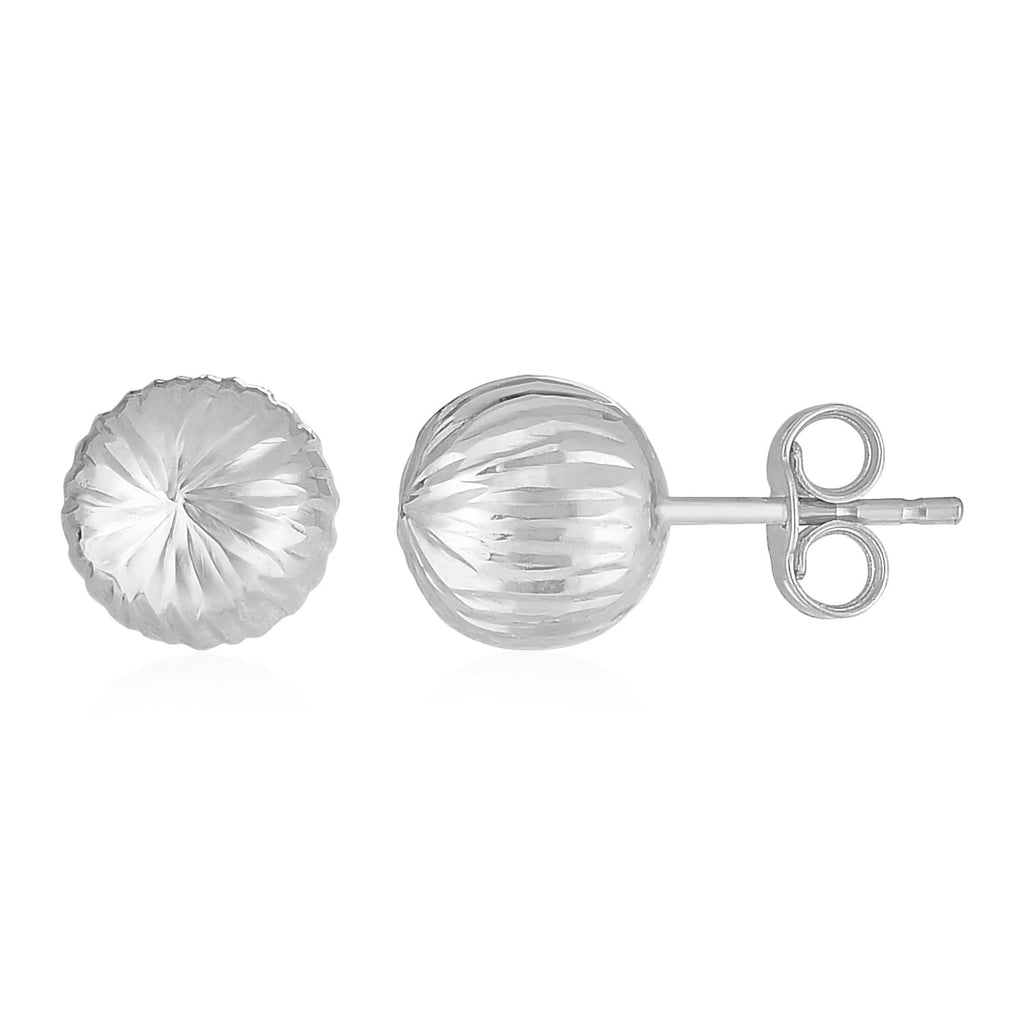 14K White Gold Ball Earrings with Linear Texture-rx54407