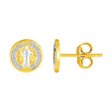 14k Two Tone Gold Round Religious Medal Post Earrings-rx75406