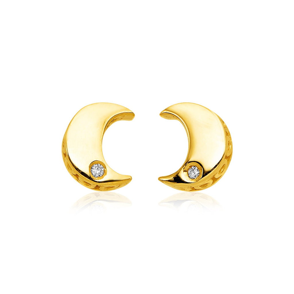 14k Yellow Gold Polished Moon Earrings with Diamonds-rx33669