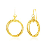 14k Yellow Gold Earrings with Polished and Textured Interlocking Circle Dangles-rx20963