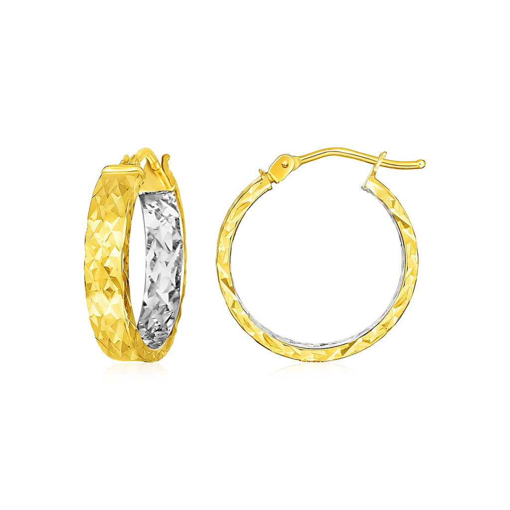 14k Yellow Gold Wide Hoop Earrings with Diamond Cut Texture-rx72255