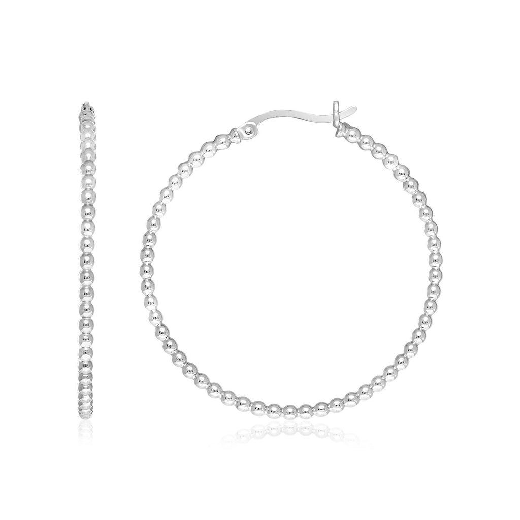 Sterling Silver Round Hoop Earrings with Beaded Texture-rx78636