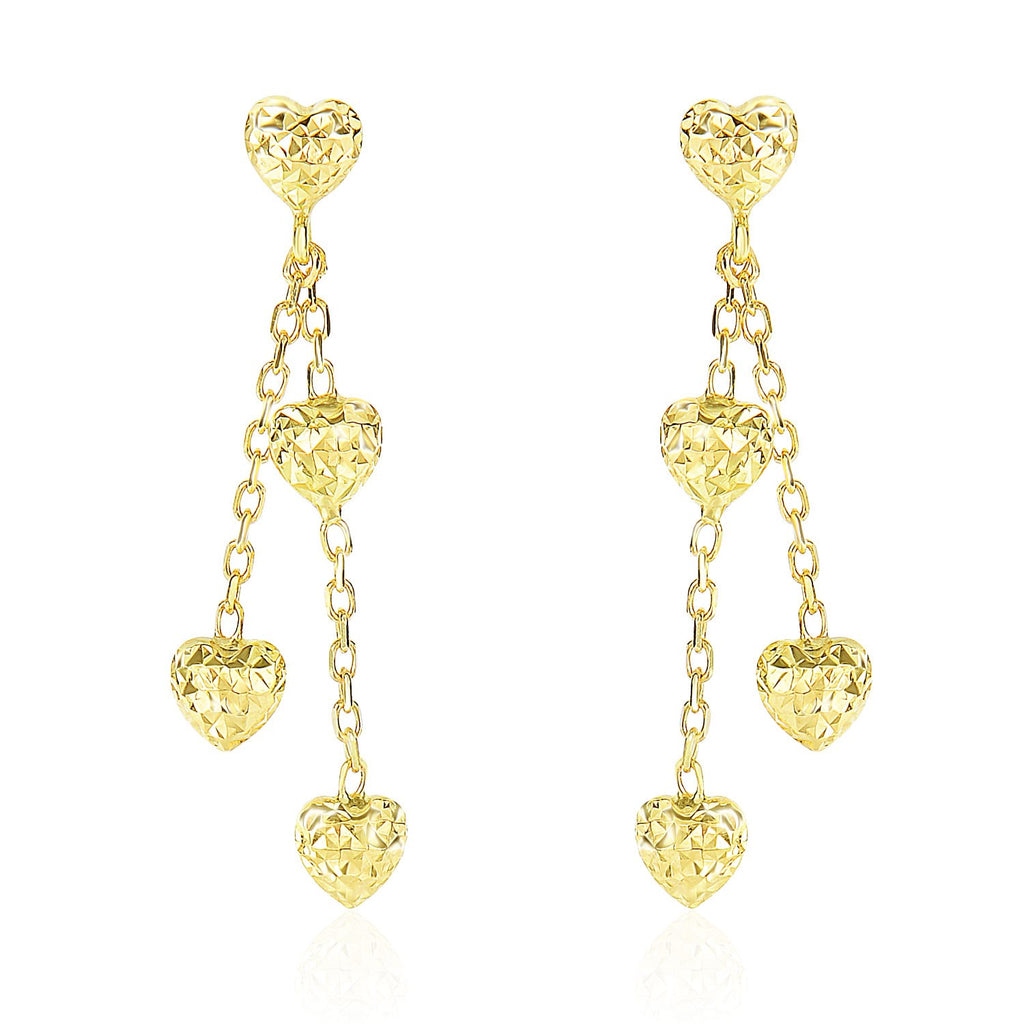 14k Yellow Gold Puffed Heart Diamond Cut Chain Dangling Earrings-rx24336