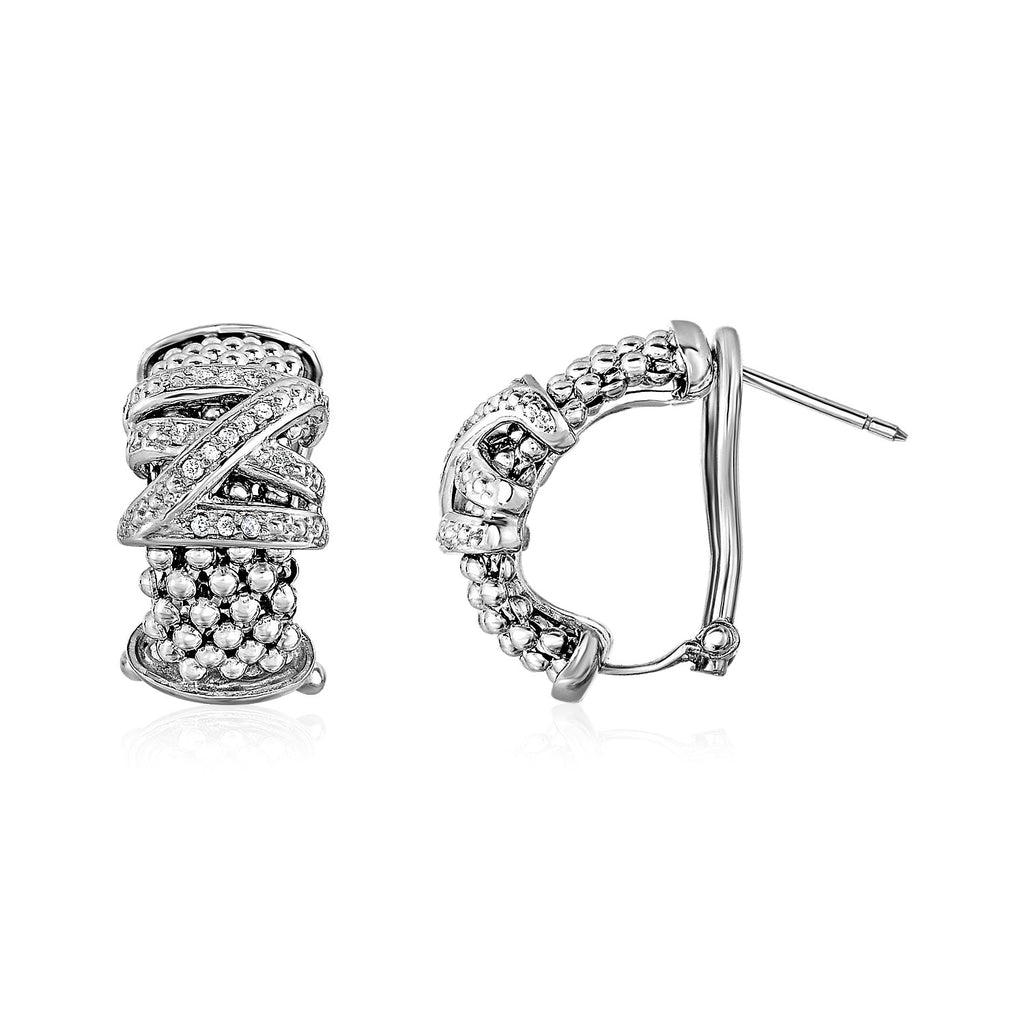 Popcorn Texture Earrings with Crossover Motif and Diamonds in Sterling Silver-rx89749