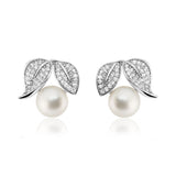 Sterling Silver Earrings with Leaves and Freshwater Pearls-rx74075