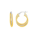 Three Part Textured and Shiny Hoop Earrings in 14k Yellow and White Gold-rx84969