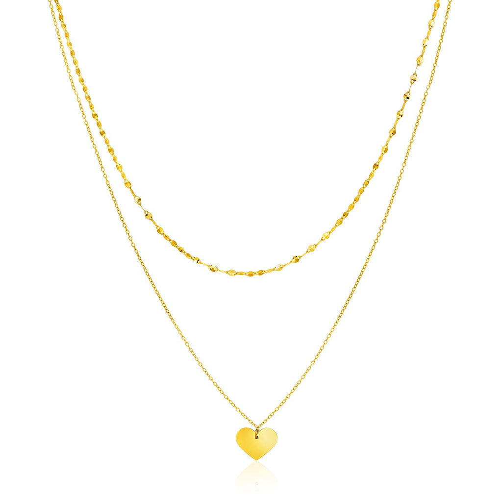 14k Yellow Gold 18 inch Two Strand Necklace with Heart Pendantrx29455-18-rx29455-18