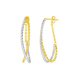 14k Two Tone Gold Two Part Oval Textured Hoop Earrings with Chain-rx93054