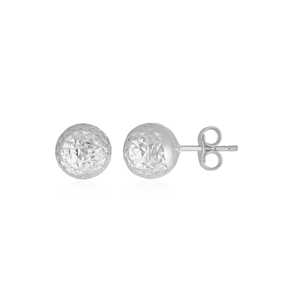 14k White Gold Ball Earrings with Crystal Cut Texture-rx53406