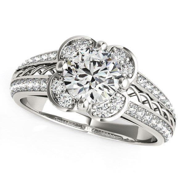 Round Diamond Floral Motif Engagement Ring in 14k White Gold (1 3/8 cttw)-rxd51346y28bt