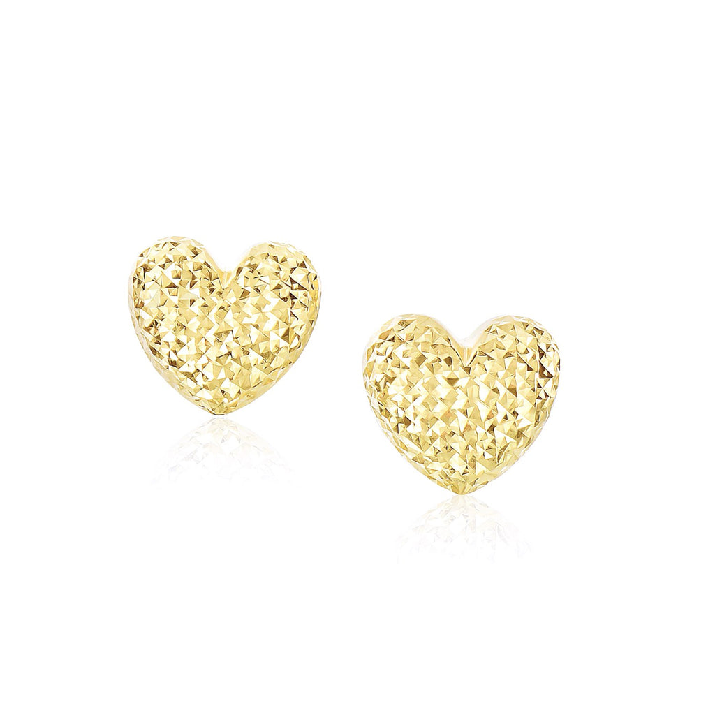 14k Yellow Gold Puffed Heart Earrings with Diamond Cuts-rx65364