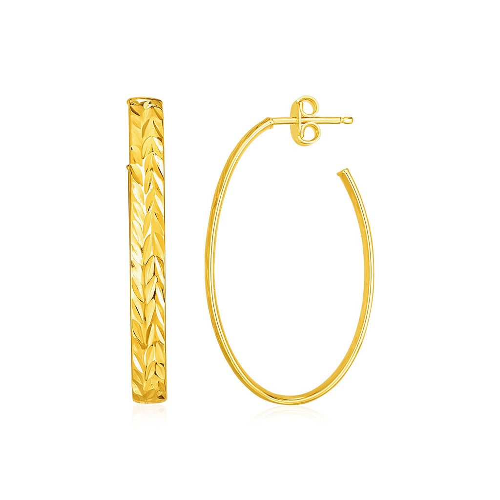 14k Yellow Gold Long Textured Oval Hoop Earrings-rx59874
