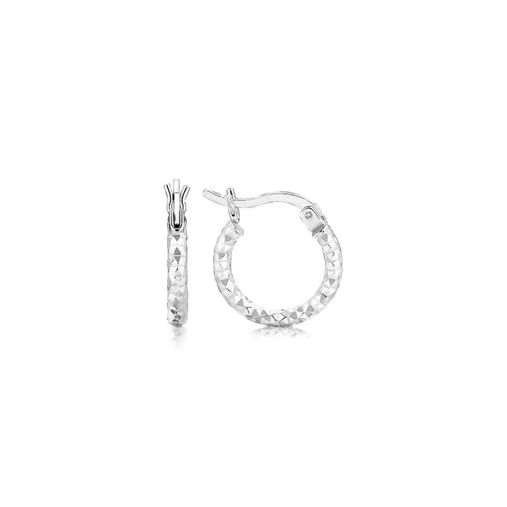 Sterling Silver Rhodium Plated Faceted Design Small Hoop Earrings-rx43748