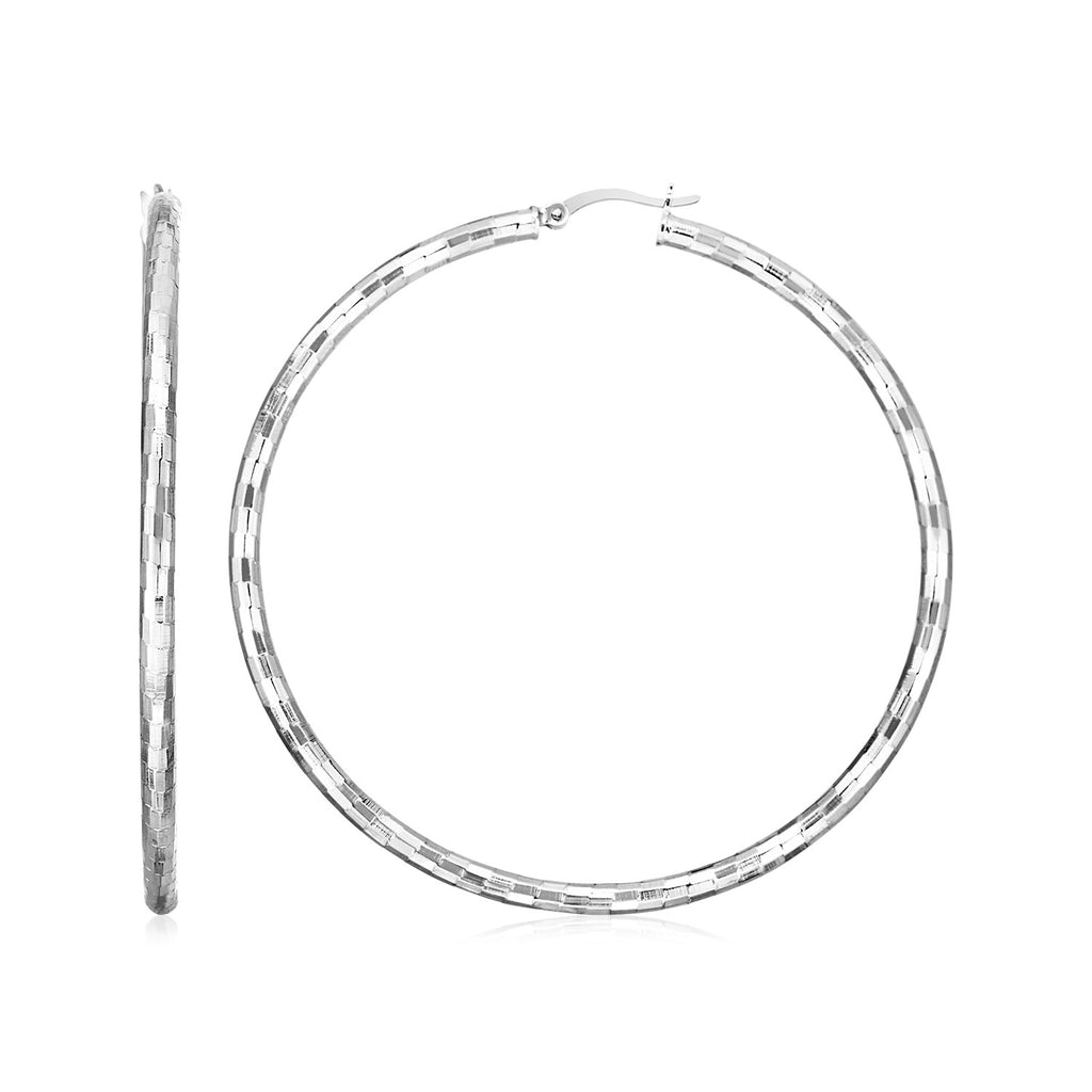 Sterling Silver Large Hoop Earrings with Hammered Texture-rx75694