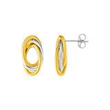 14k Two Tone Gold Post Earrings with Three Interlocking Ovals-rx47791