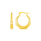 14k Yellow Gold Textured Octagonal Hoop Earrings-rx52658
