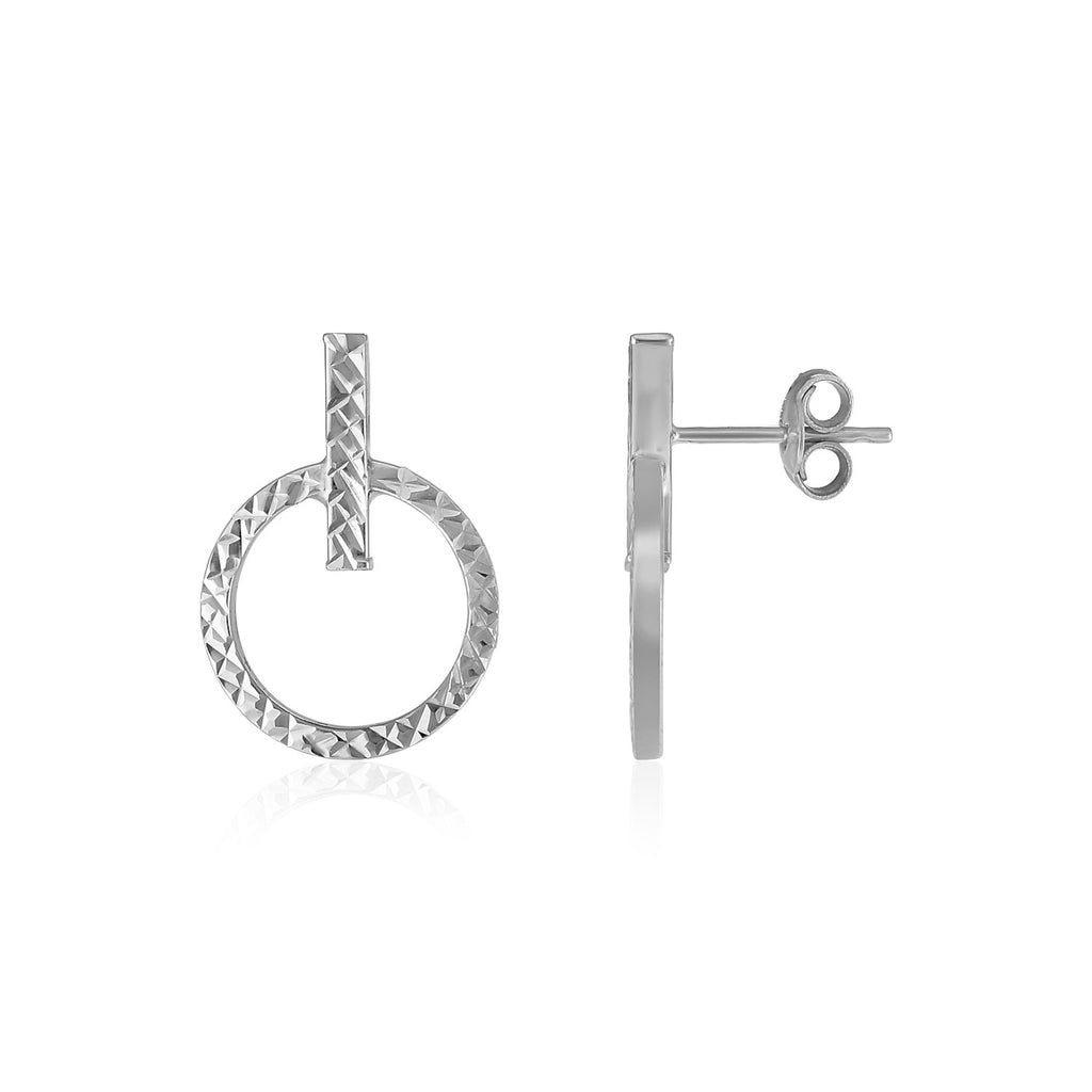 14k White Gold Textured Circle and Bar Post Earrings-rx77746