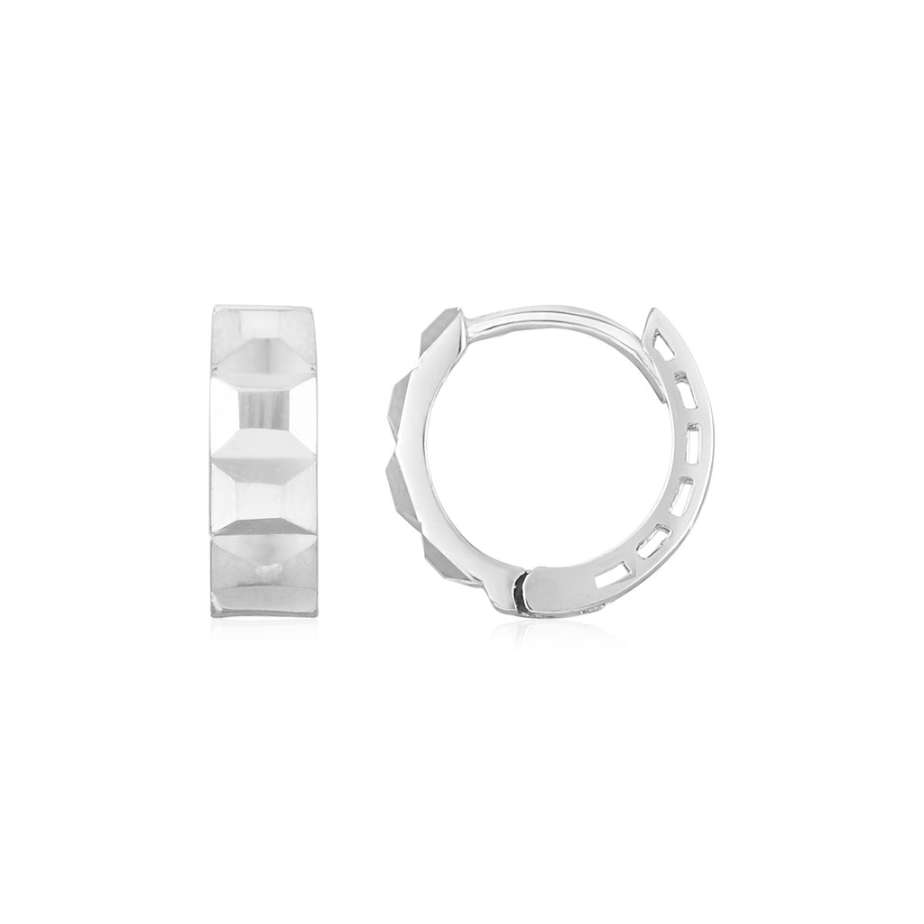 14K White Gold Square Motif Faceted Huggie Earrings-rx41668