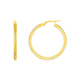 14k Two Tone Gold Round Hoop Earrings with Bead Texture-rx73083