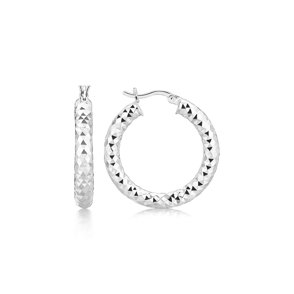 Sterling Silver Thick Rhodium Plated Faceted Design Hoop Earrings-rx69844