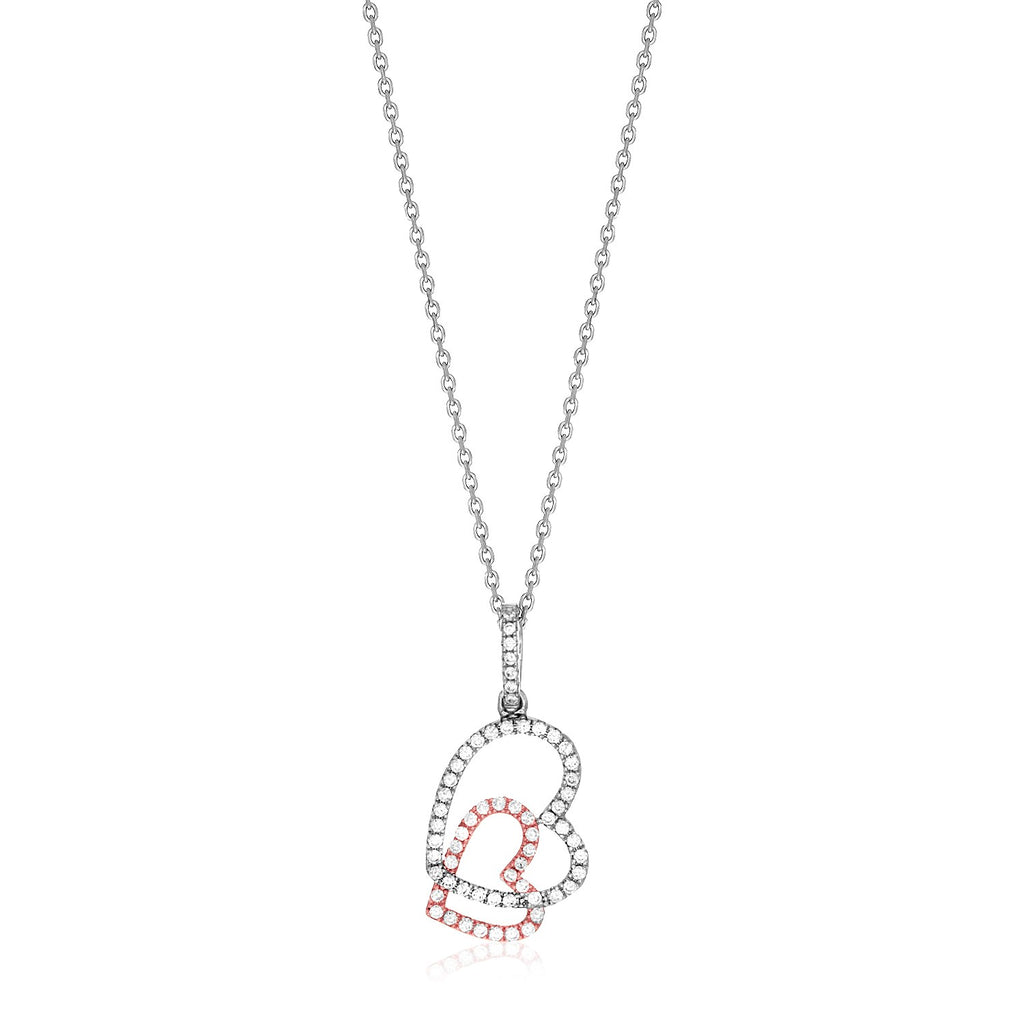 Sterling Silver Two Toned Necklace with Hearts and Cubic Zirconias-rx00206-18