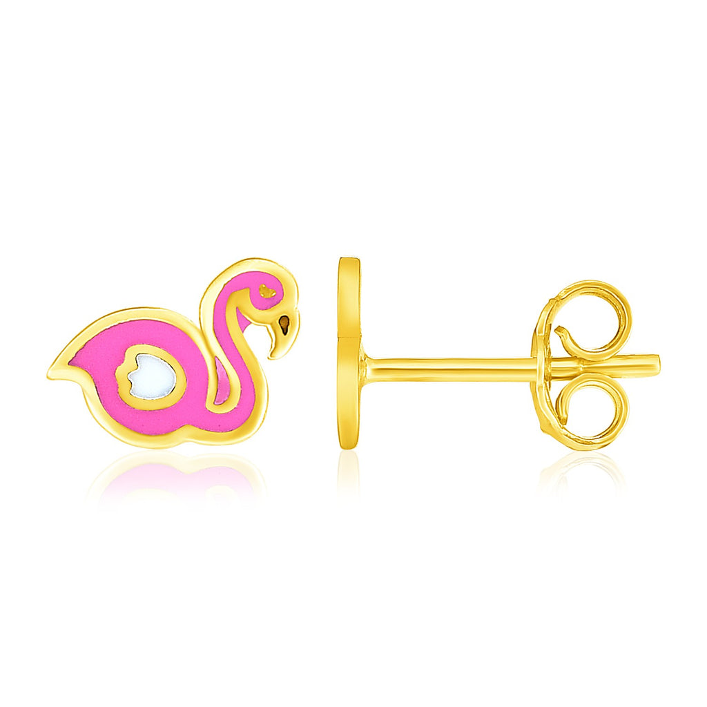 14k Yellow Gold Enameled Flamingo Childrens Earrings-rx7904