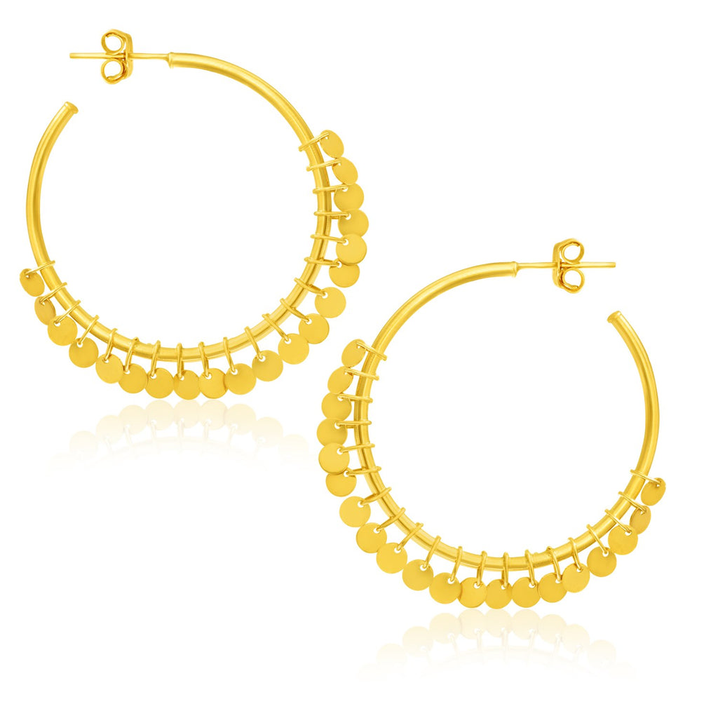 14k Yellow Gold Hoop Style Earrings with Dangling Sequins-rx94307