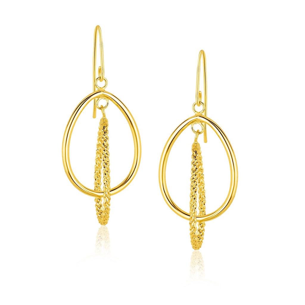 14k Yellow Gold Dangling Earrings with Teardrop and Textured Rows-rx50479