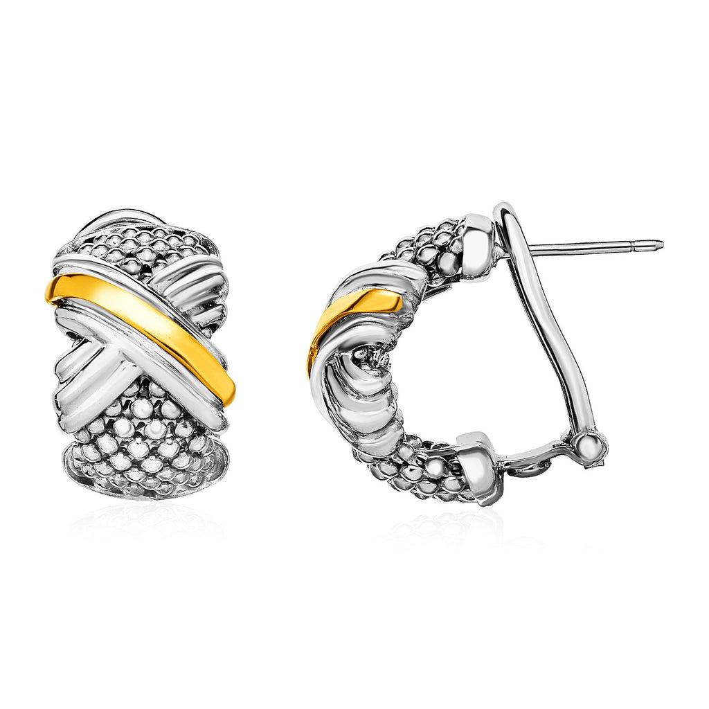 Popcorn Texture Earrings with X Motif in Sterling Silver and 18k Yellow Gold-rx96904