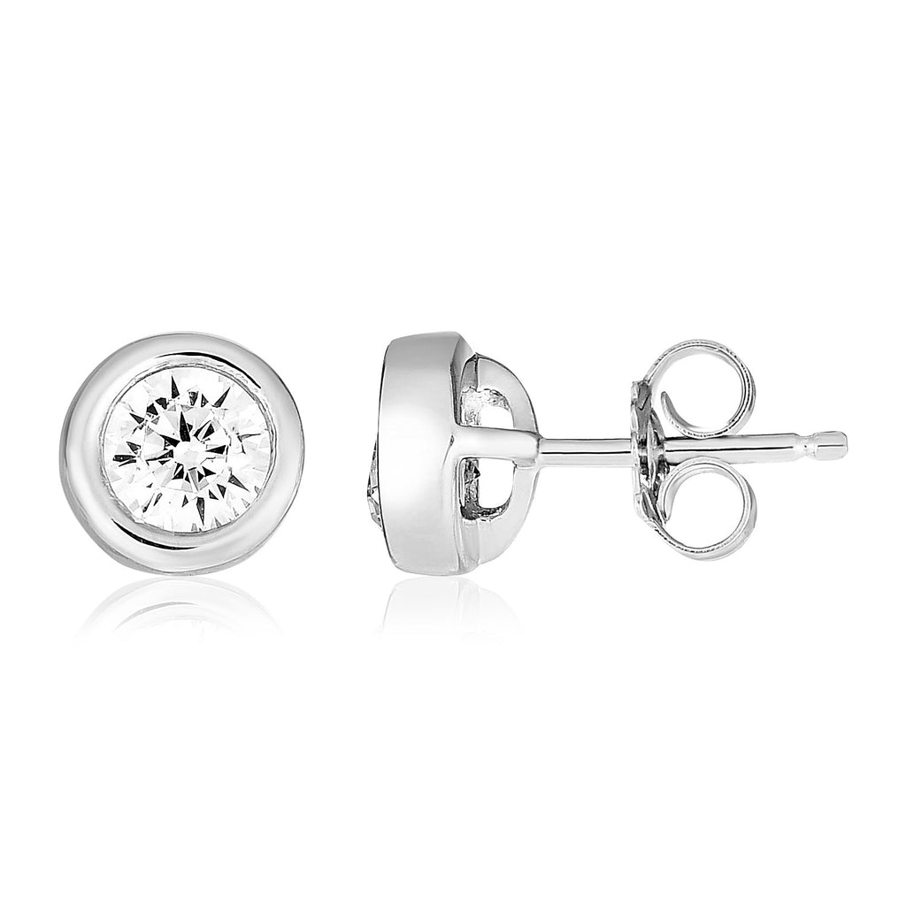 Sterling Silver Petite Round Bezel Set Cubic Zirconia Earrings-rx95288