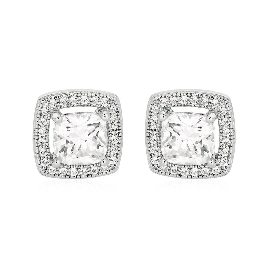 Cushion Earrings with Cubic Zirconia in Sterling Silver-rx6796