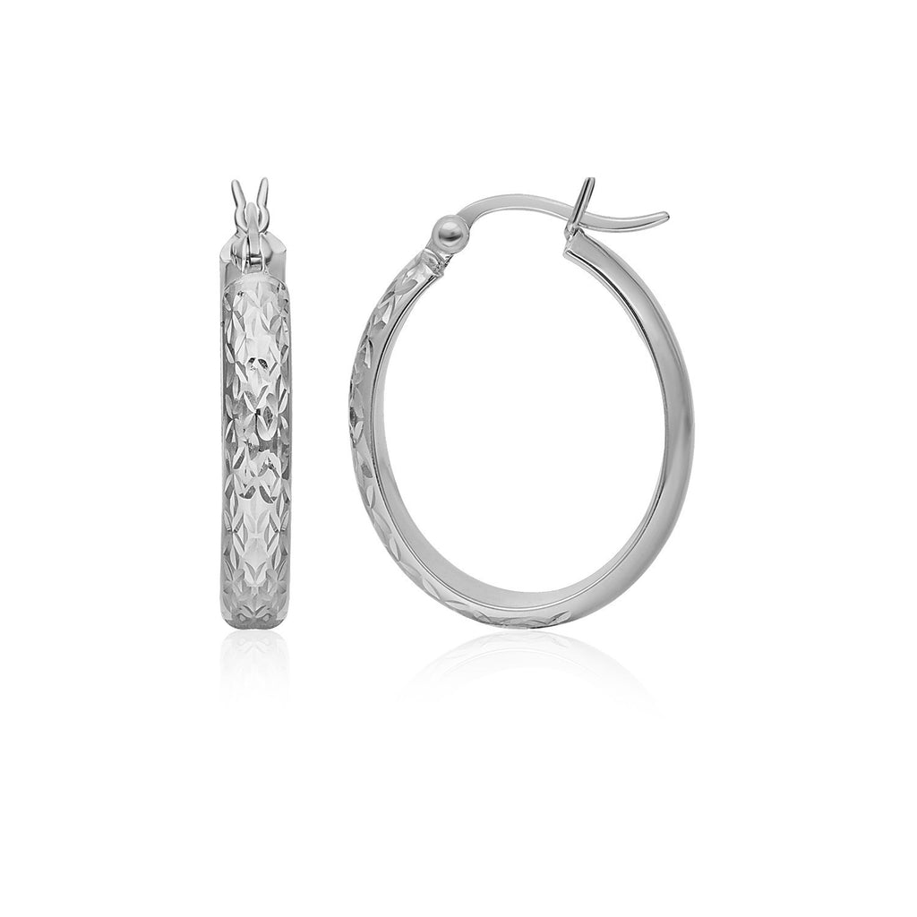 10k White Gold Hammered Oval Hoop Earrings-rx6098