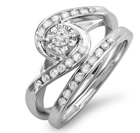 0.55 Carat (Ctw) 10k White Gold Round Diamond Ladies Bridal Engagement Ring Matching Band Set - KS998